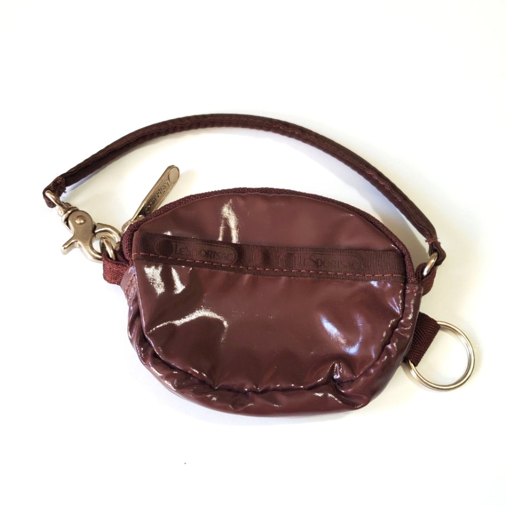 Lesportsac keyring coin pouch wristlet brown shiny